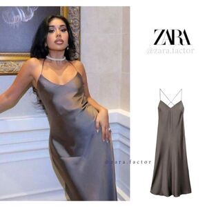 ZARA SATIN LINGERIE STYLE GRAY OPEN BACK DRESS NWT